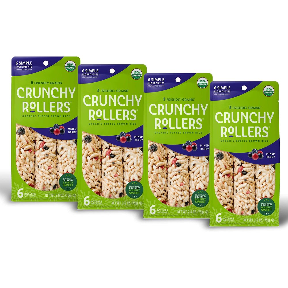 Friendly Grains - Crunchy Rollers - Organic Rice Snacks, Crispy Puffed Rice Rolls, Healthy Snack Rolls for Adults and Kids - Mixed Berry - (4 Packs of 6)