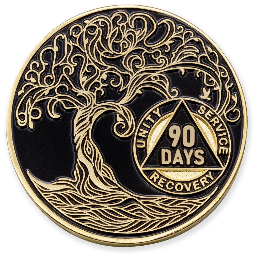 1 to 50 Year Twisted Tree of Life Sobriety Coin - Gold Plated AA Chips & Medallions - 90 Days/3 Months Sobriety Coin - Black