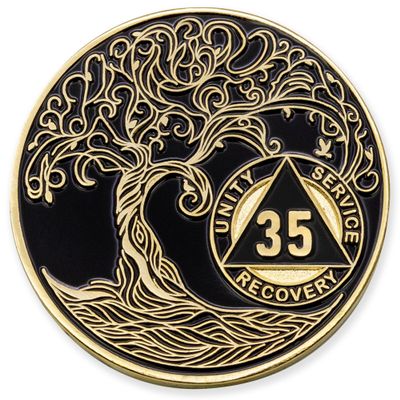 1 to 50 Year Twisted Tree of Life Sobriety Coin - Gold Plated AA Chips & Medallions - 35 Year Sobriety Coin - Black