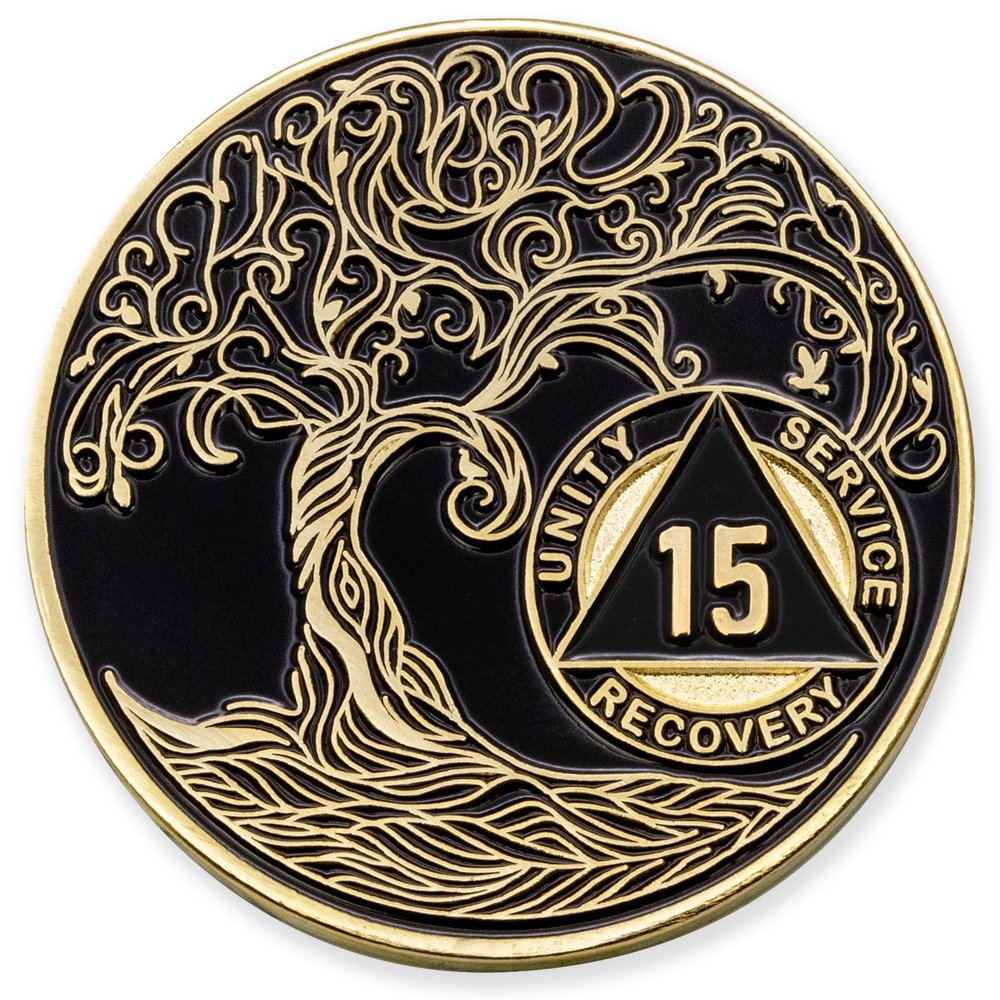 1 to 50 Year Twisted Tree of Life Sobriety Coin - Gold Plated AA Chips & Medallions - 15 Year Sobriety Coin - Black