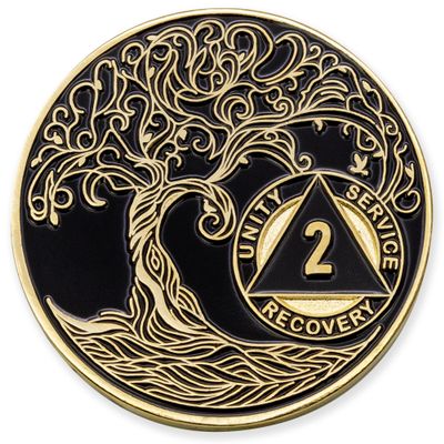 1 to 50 Year Twisted Tree of Life Sobriety Coin - Gold Plated AA Chips & Medallions - 2 Year Sobriety Coin - Black