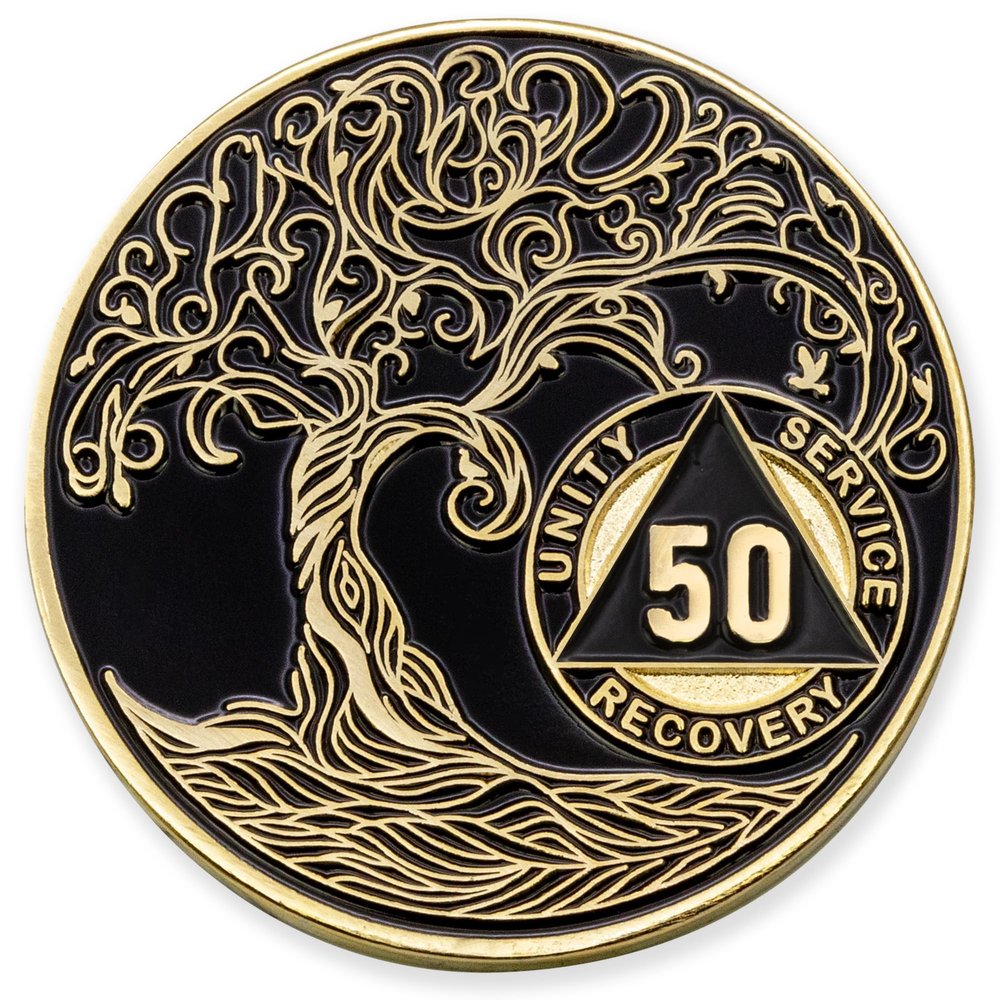 1 to 50 Year Twisted Tree of Life Sobriety Coin - Gold Plated AA Chips & Medallions - 50 Year Sobriety Coin - Black