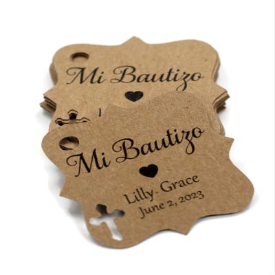 Mi Bautizo Tags - Small Personalized Favor Tags with Cross (Set of 20) (Kraft Brown)