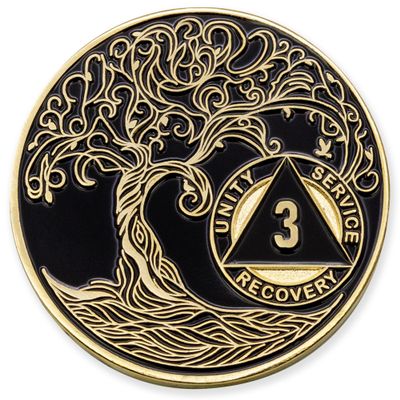 1 to 50 Year Twisted Tree of Life Sobriety Coin - Gold Plated AA Chips & Medallions - 3 Year Sobriety Coin - Black