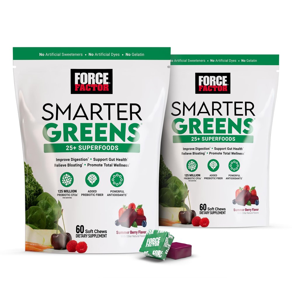 FORCE FACTOR Smarter Greens Superfood Chews, 2-Pack, Greens and Superfoods with Probiotics, Antioxidants, and Fiber, Greens Supplement to Support Digestion, Nitric Oxide, and Energy, 120 Soft Chews
