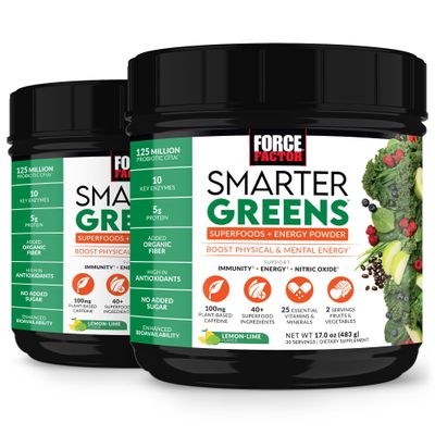 Smarter Greens Superfoods + Energy Powder, 2-Pack, Greens Powder with Plant-Based Caffeine, Probiotics, Digestive Enzymes, Superfood Powder, Boost Energy, Support Immunity, Force Factor, 60 Servings