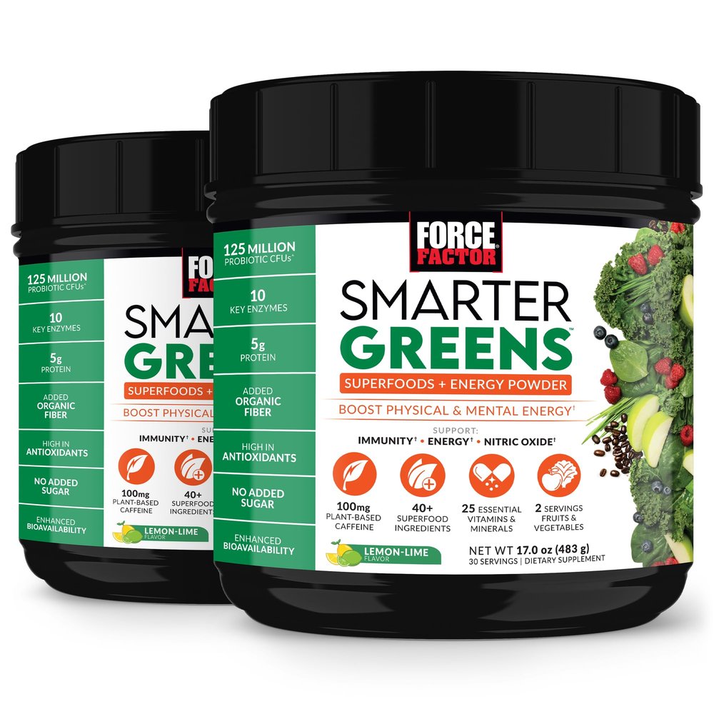 Smarter Greens Superfoods + Energy Powder, 2-Pack, Greens Powder with Plant-Based Caffeine, Probiotics, Digestive Enzymes, Superfood Powder, Boost Energy, Support Immunity, Force Factor, 60 Servings