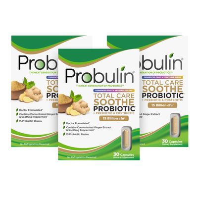 Probulin Total Care Soothe = Prebiotics + Probiotics + Postbiotics + Ginger Extract + Peppermint for Digestive Support - 15 Billion CFU - 15 Strains, 30 Vegan Capsules(Pack of 3)