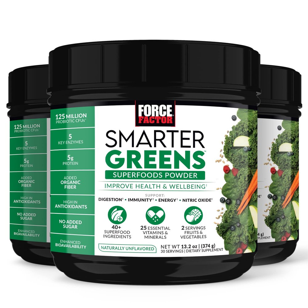 Force Factor Smarter Greens Superfoods Powder, 3-Pack, Supports Digestion and Bloating, Immunity, and Energy, Greens Powder with Probiotics, Digestive Enzymes, Antioxidants, and Fiber, 90 Servings