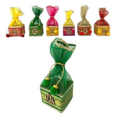 LOVENSPIRE Pack of 4 Small Potli Gift Box Decorative Net Ganesha Potli for Dry Fruits Jewelry Organizer Packing Return Gift Indian Wedding Mehndi Festival Favors Housewarming Gift