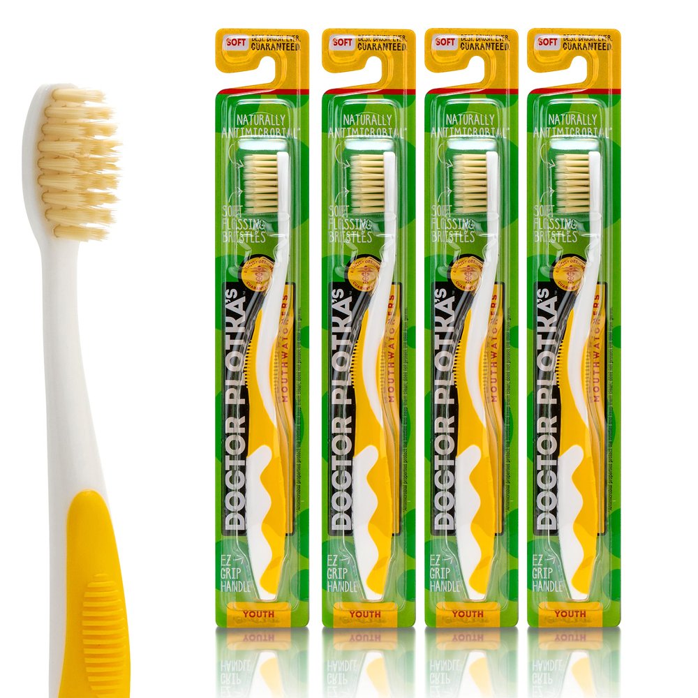 MOUTHWATCHERS Soft Childrens Flossing Manual Toothbrush, Value Pack of 4, Yellow Toothbrushes for Kids & Teens, Ultra Clean, by Dr. Plotka's