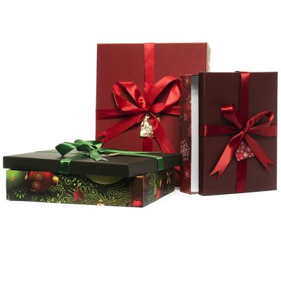 Christmas Nesting Gift Boxes Rectangle 3 Pack Cardinal Ornament and Snowflake Design Christmas Stacked Apparel Box with Lids in Assorted Sizes for Gift Giving Holiday Decorative Gifts Present Wrapping