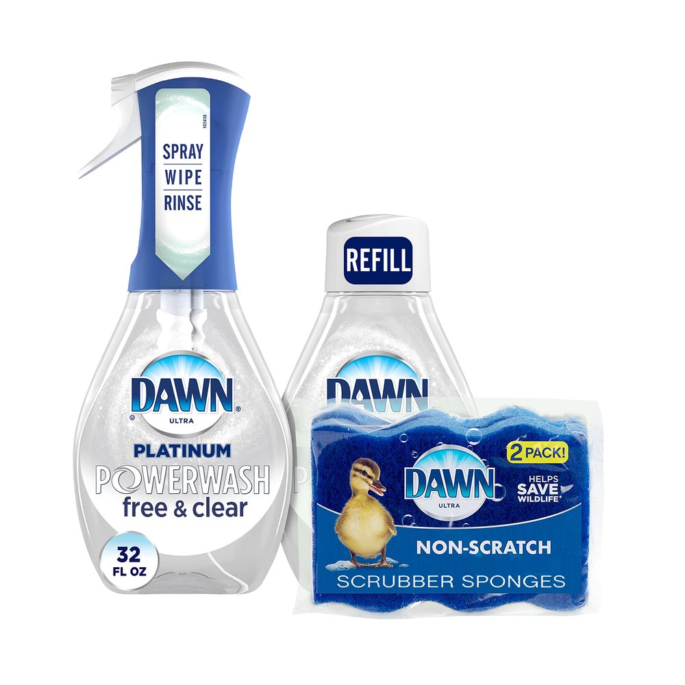 Dawn Free & Clear Powerwash Dish Spray, Dish Soap, 1 Spray (16oz), 1 Refill (16oz) Non-Scratch Scrubber Sponge (2 count), 1 set