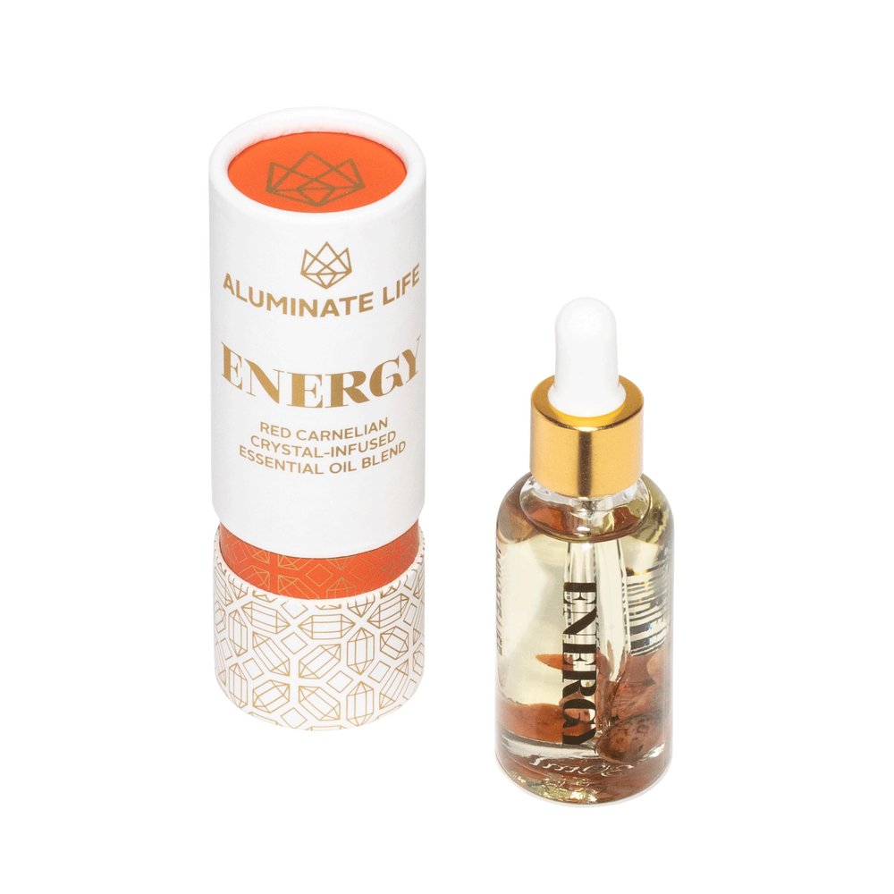 ALUMINATE LIFE Crystal Infused Essential Oil Vial, 1 Oz, Energy - Red Carnelian Crystal Infused - Scents of Lemon, Grapefruit, & Bergamot - Aromatherapy Oils, Massage, Stress Relief