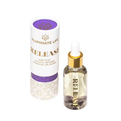 ALUMINATE LIFE Crystal Infused Essential Oil Vial, 1 Oz, Release - Amethyst Crystal Infused - Scents of Lavender, Bergamot, & Frankincense - Aromatherapy Oils, Massage, Stress Relief