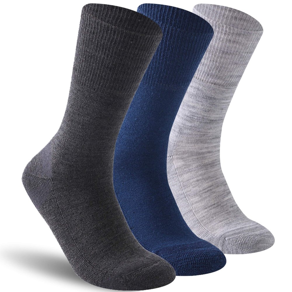 Facool Diabetic Socks Women, Mens Neuropathy Seamless Dress Cushioned Crew Merino Wool Moisture Wicking Socks with Non-Binding Loose Top Seamless Toe, 3 Pairs Dark Grey/Light Grey/Navy Blue Medium