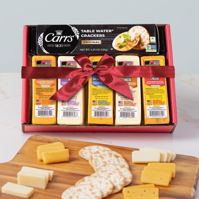 Wisconsin Cheese Company - Specialty Wisconsin Cheese & Cracker Gift Box - 100% Wisconsin Gouda, Smoked Cheddar, Salami, Tomato Basil Cheddar, Swiss (Pack of 5 Blocks) | Perfect for Parties, Charcuterie Boards, and Holiday Gifts