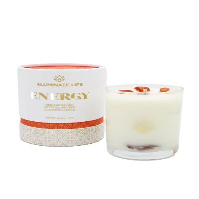 ALUMINATE LIFE Luxury Glass Jar Candle, 14.5 OZ, Energy - Red Carnelian Healing Crystal Infused - Scents of Lemon, Grapefruit, & Bergamot - Passion, Confidence, & Vitality - Coconut Wax, Essential Oil