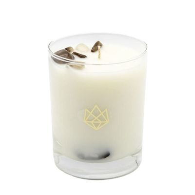 ALUMINATE LIFE Luxury Glass Jar Candle, 14.5 OZ, Defense - Smoky Quartz Crystal Infused - Scents of Frankincense, Neroli, & Sage - Detoxify, Ground, & Fortify - Coconut Wax Blend, Essential Oils