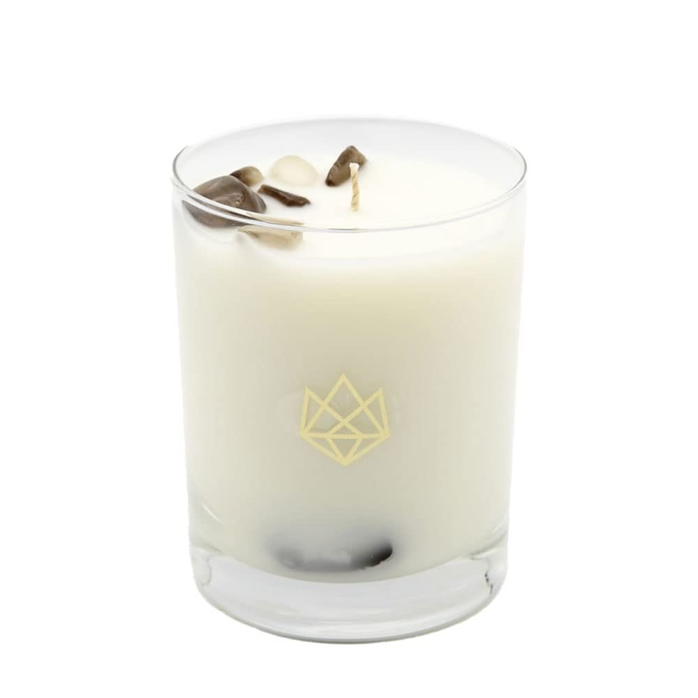 ALUMINATE LIFE Luxury Glass Jar Candle, 14.5 OZ, Defense - Smoky Quartz Crystal Infused - Scents of Frankincense, Neroli, & Sage - Detoxify, Ground, & Fortify - Coconut Wax Blend, Essential Oils