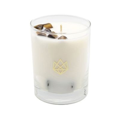 ALUMINATE LIFE Tiger Eye Crystal Infused Luxury Glass Jar Candle, 14.5 OZ, Strength - Scents of Cedarwood, Amber, & Sage - Power, Courage, & Expansion - Coconut Wax, Meditation, Yoga, Metaphysical
