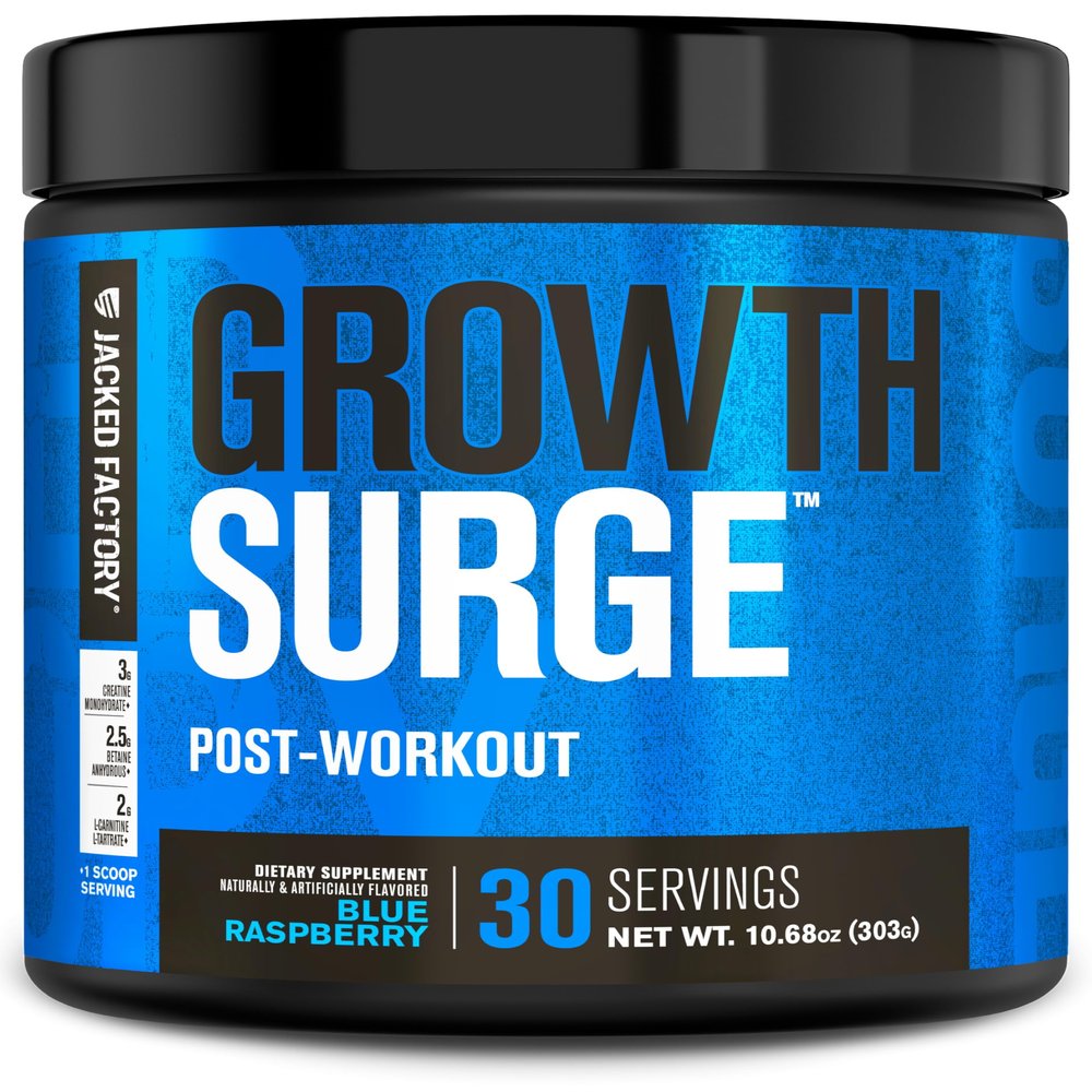 Jacked Factory Growth Surge Creatine Post Workout w/L-Carnitine - Daily Muscle Builder & Recovery Supplement with Creatine Monohydrate, Betaine, L-Carnitine L-Tartrate - 30 Servings, Blue Raspberry
