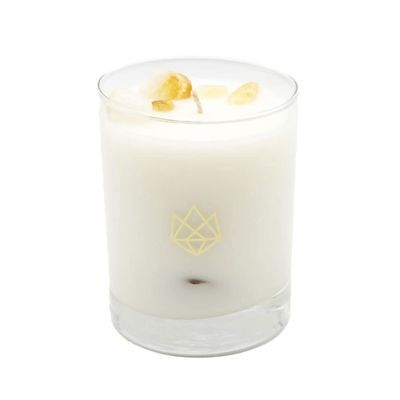 ALUMINATE LIFE Luxury Glass Jar Candle, 14.5 OZ, Recharge - Citrine Crystal Infused - Scents of Lemongrass, Geranium, and Basil - Happiness, Manifestation, & Abundance - Coconut Wax, Essential Oils