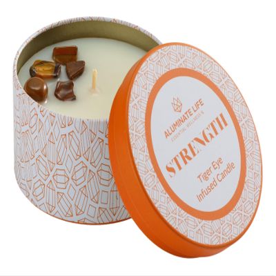 ALUMINATE LIFE Luxury Candle Tin, 4 OZ, Strength - Tiger Eye Crystal Infused - Scents of Cedarwood, Amber, & Sage - Power, Courage, & Expansion - Coconut Wax Blend, Essential Oils, Dr. Developed
