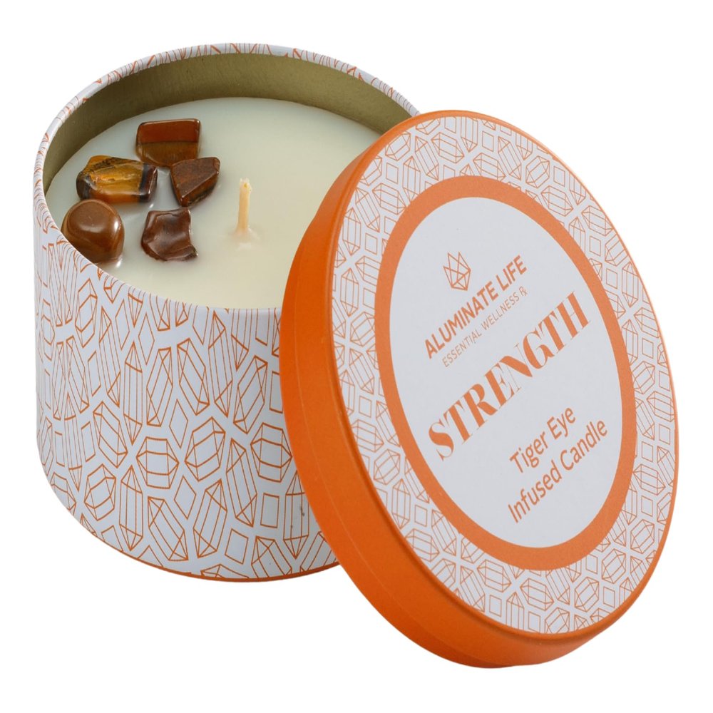 ALUMINATE LIFE Luxury Candle Tin, 4 OZ, Strength - Tiger Eye Crystal Infused - Scents of Cedarwood, Amber, & Sage - Power, Courage, & Expansion - Coconut Wax Blend, Essential Oils, Dr. Developed