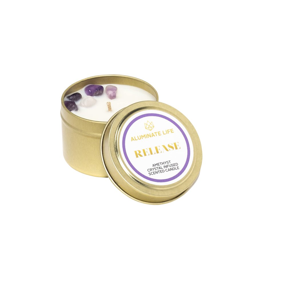 ALUMINATE LIFE Luxury Candle Tin, 4 OZ, Release, Amethyst Crystal Infused - Scents of Lavender, Bergamot, & Frankincense - Valentine's Day Gift - Coconut Wax, Essential Oils, Dr. Developed