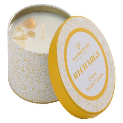 ALUMINATE LIFE Luxury Candle Tin, 4 OZ, Recharge - Citrine Crystal Infused - Scents of Lemongrass, Geranium, and Basil - Happiness, Manifestation, & Abundance - Coconut Wax Blend, Essential Oils