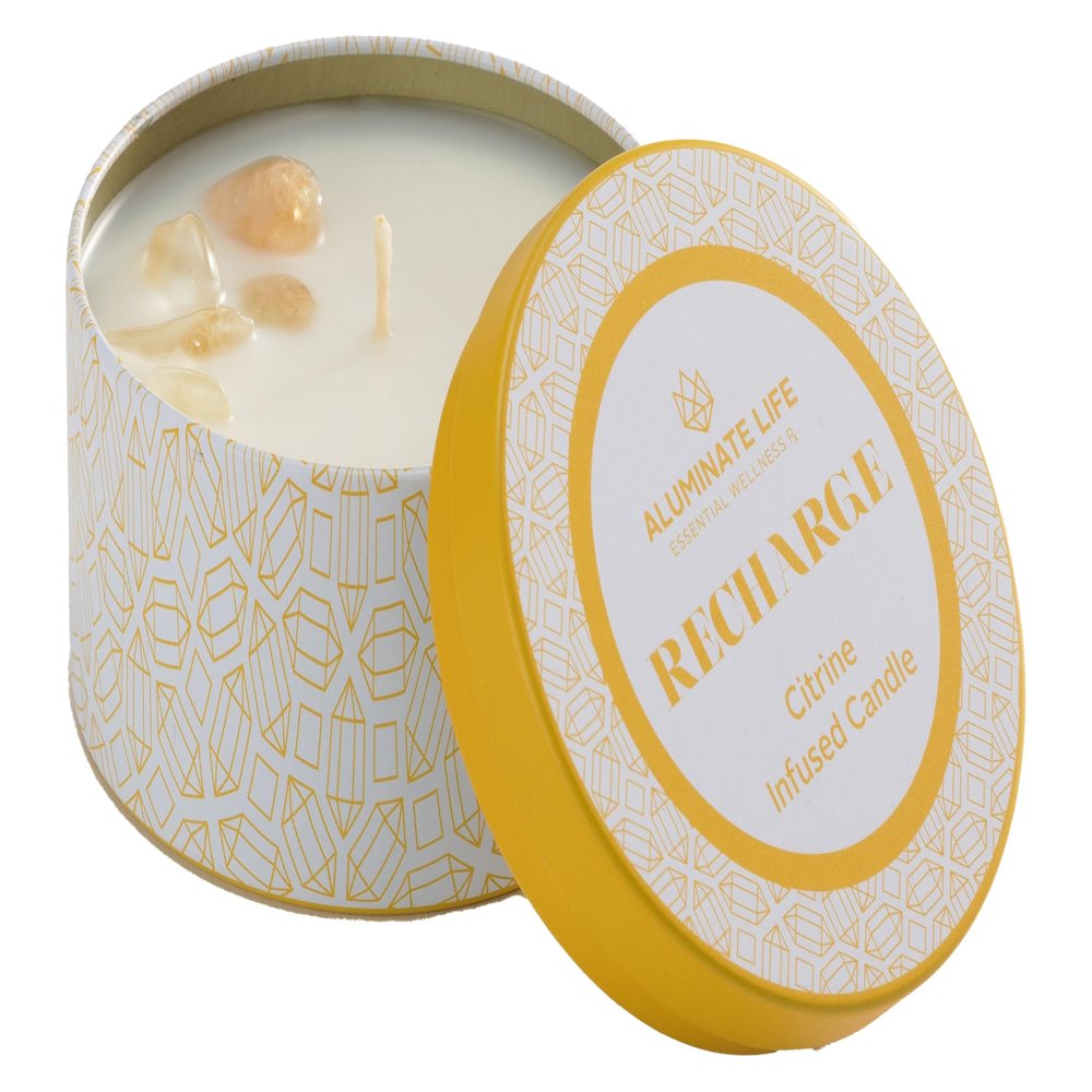 ALUMINATE LIFE Luxury Candle Tin, 4 OZ, Recharge - Citrine Crystal Infused - Scents of Lemongrass, Geranium, and Basil - Happiness, Manifestation, & Abundance - Coconut Wax Blend, Essential Oils
