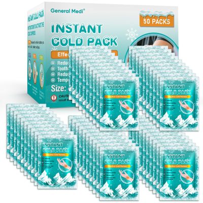 General Medi Instant Ice Cold Pack (4x 5.5)  50 Packs Disposable Cold Therapy Ice Packs for Pain Relief, Swelling, Inflammation, Sprains, Toothache  for Athletes & Outdoor Activities