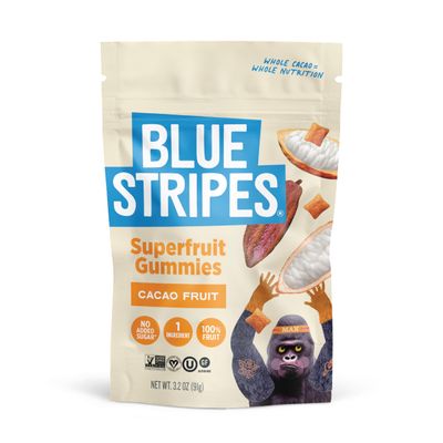 Blue Stripes Cacao Superfruit Gummies - Vegan Chewy Fruity Snack, No Sugar Added 100% Fruit Gummy, 9 Essential Vitamins & Minerals, Natural Tropical Superfood, Great for Granola, Yogurt - 3.2oz