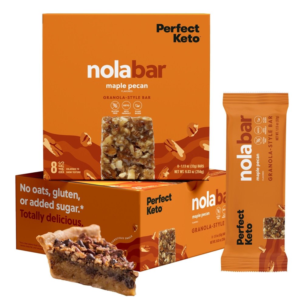 Perfect Keto Nola Bars, Gluten Free, Keto Granola Bars, Low Carb Snack or Breakfast Bar with No Sugar Added, Keto Diet Food, Healthy Snacks for Adults, 2g Net Carb, Maple Pecan, 8 Pack