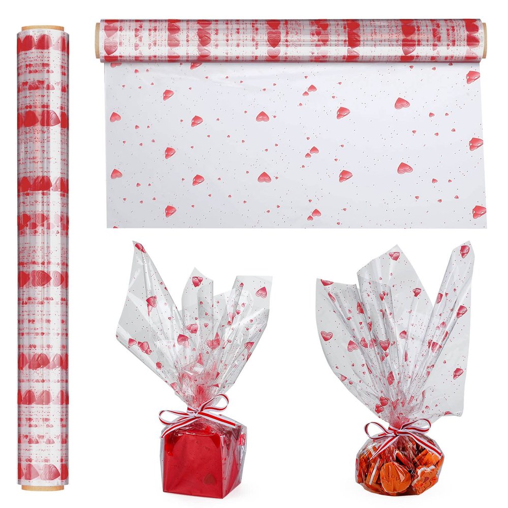 Valentine Cellophane Wrap Roll Red Hearts Design(100 feet x 17.5 in) 2.3 Mil Thick Crystal Clear with Special Red Hearts Cellophane Bags large For Flower Wrapping, Gift Basket Wrap Hearts Design Cellophane for Valentines Day Gift Wrapping