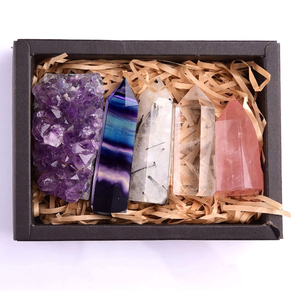ZHDECOR Healing Crystal Wands Set, Deep Amethyst Cluster and Natural Crystal Quartz Standing Point,Rainbow Fluorite Crystal, Black Tourmaline Crystal,Clear Quartz,Rose Quartz Gemstones