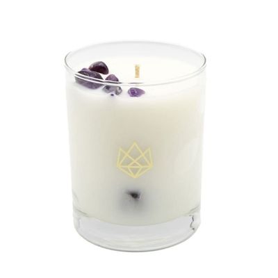 ALUMINATE LIFE Luxury Glass Jar Candle, 14.5 OZ, Release - Amethyst Healing Crystal Infused - Scents of Lavender, Bergamot, & Frankincense - Relieve, Support, & Transform - Coconut Wax, Essential Oils