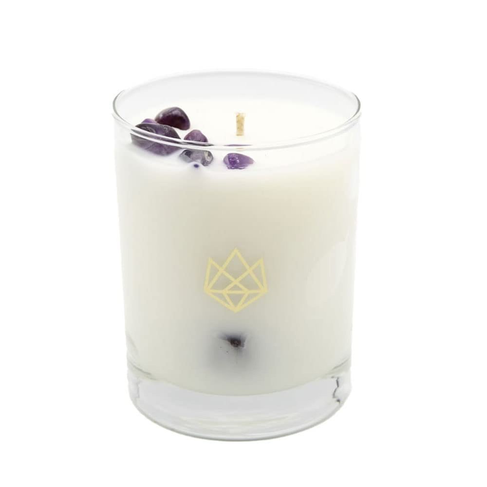 ALUMINATE LIFE Luxury Glass Jar Candle, 14.5 OZ, Release - Amethyst Healing Crystal Infused - Scents of Lavender, Bergamot, & Frankincense - Relieve, Support, & Transform - Coconut Wax, Essential Oils