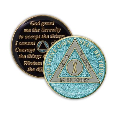 10 Year Sobriety Coin | Glitter Triplate AA Chip Recovery Anniversary Token (Blue)