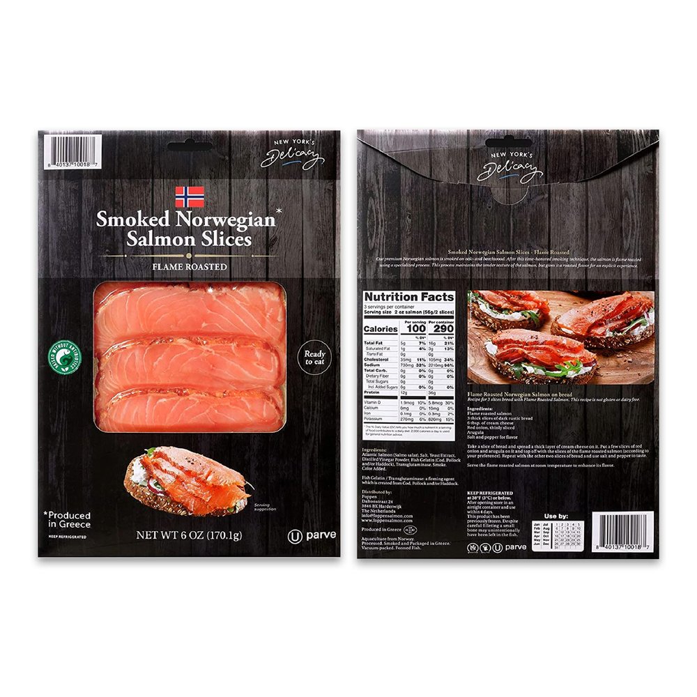 New York's Delicacy, Gourmet Norwegian Smoked Salmon Slices, Flame Roasted - [12 x 6 Oz.] - Ready to Eat, Smoked on Oak, Fully Trimmed, Kosher, Gluten Free.
