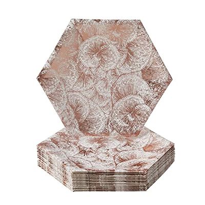Silver Spoons Hexagon Design Disposable Paper Plates (18 Pc) Metallic Floral Print, Heavy Duty Paper Plates 7 inch, Disposable Party Dessert Plates for Birthday, Rose Gold Dinnerware Set for Baby Showers & Weddings