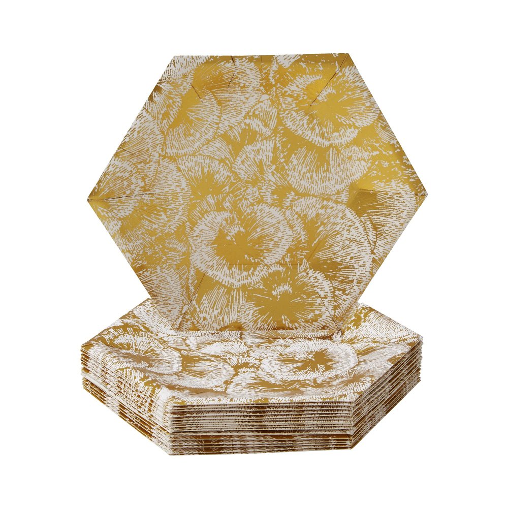 Silver Spoons Hexagon Disposable Paper Plates (18 Pc) Metallic Floral Print, Heavy Duty Paper Plates 7 inch, Disposable Party Dessert Plates for Birthday, Gold Dinnerware Set for Baby Showers, Weddings & Events