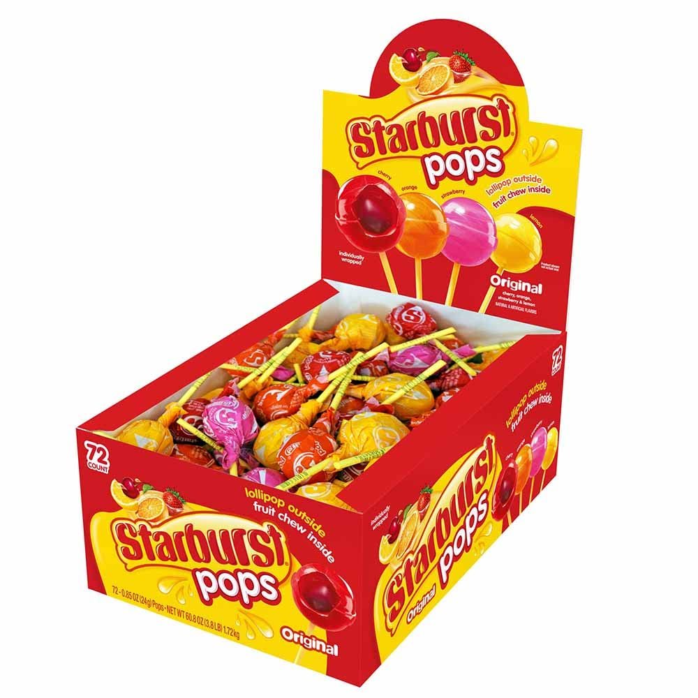 Spangler Candy Original Starburst Lollipops - Bulk Candy Variety Pack with Fruit Lollipops Individually Wrapped, Mixed Flavor Starburst Pops - 72 Count Display Box