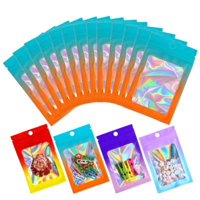 100 Pcs Holographic Mylar Bags,4.0x5.9 Inch Small Odor Proof Bags Resealable Zipper Cosmetic Storage Bags for Small Business Lip Gloss Nail Lash Jewelry Packaging