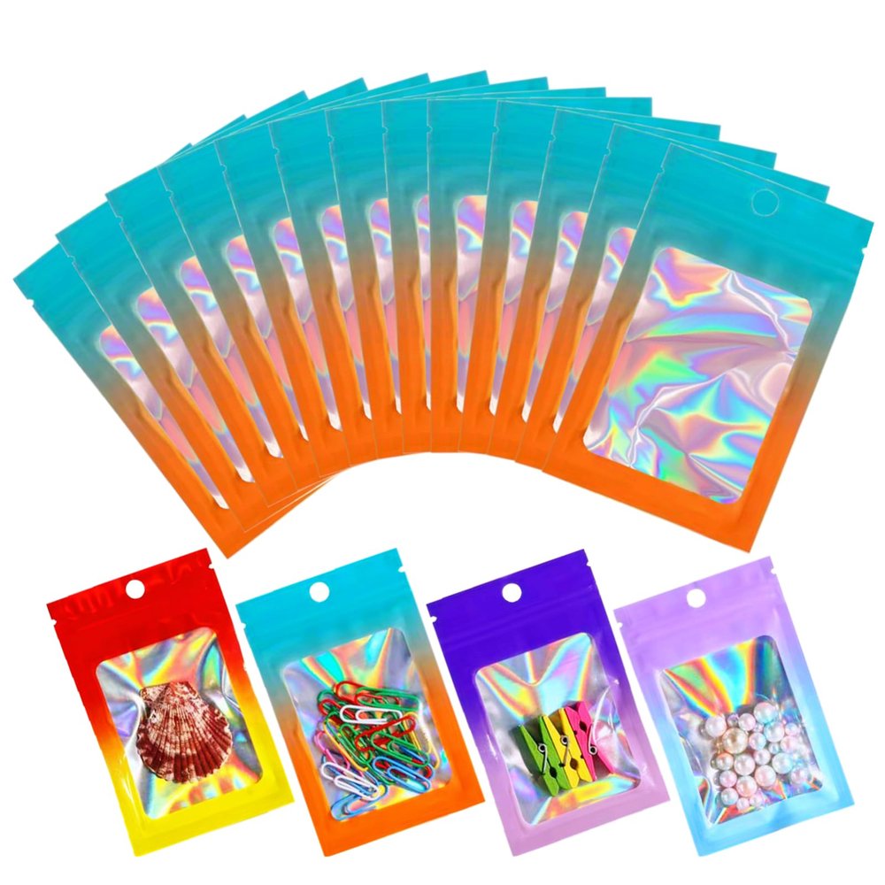 100 Pcs Holographic Mylar Bags,4.0x5.9 Inch Small Odor Proof Bags Resealable Zipper Cosmetic Storage Bags for Small Business Lip Gloss Nail Lash Jewelry Packaging