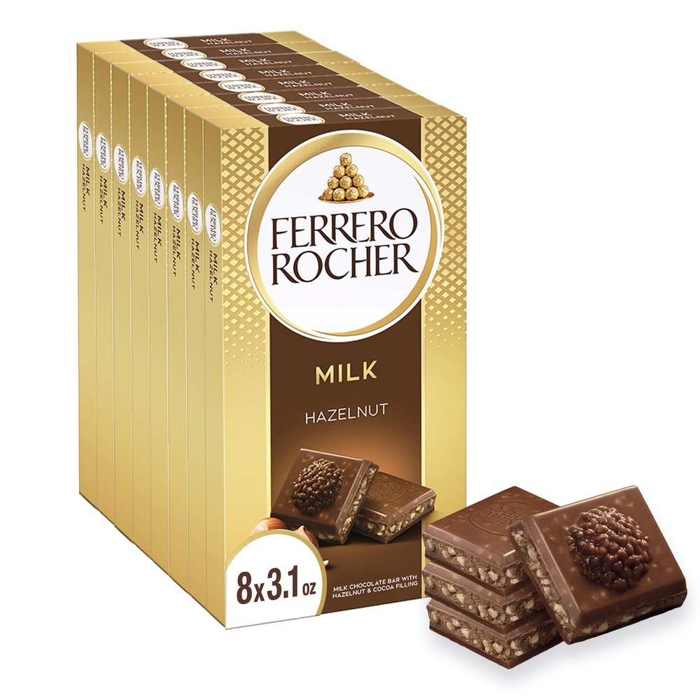 Ferrero Rocher Milk Chocolate Hazelnut Bar, with Cocoa Filling , Valentine's Day Chocolate Gift, 8 Pack, 3.1oz Each