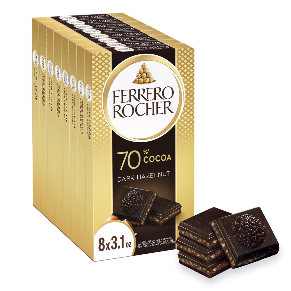 Ferrero Rocher Premium Dark Chocolate Hazelnut Bar, Valentine's Day Chocolate Gift, 8 Pack, 3.1 oz Each
