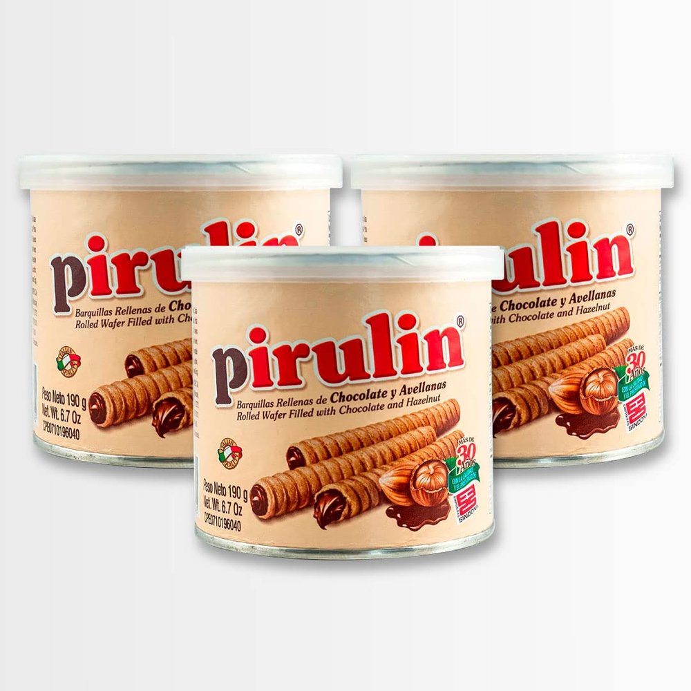Pirulin Chocolate Barquillas rellenas de Chocolate y Avellanas, Original de Venezuela/Pirulin ChocolateRolled Wafer Filled with Hazelnuts and Chocolate, Original from Venezuela (3Pack/570gr TOTAL)