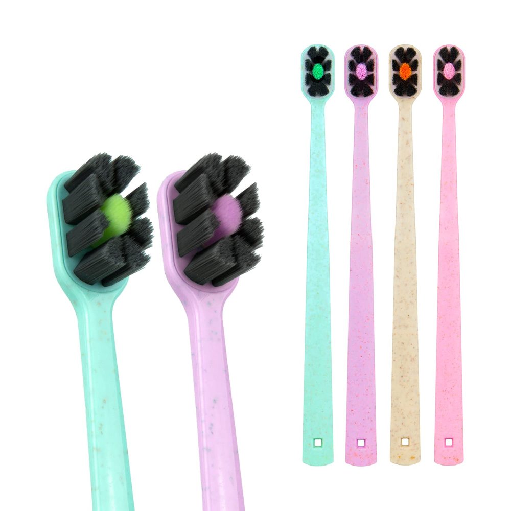 Lindo EcoCare Polishing Toothbrush - Charcoal Infused Bristles & Biodegradable Handle, for Sensitive Gums and Teeth, 12000+ Ultra Fine Charcoal Infused Bristles, Soft and Gentle, Pack of 4 (Pink)